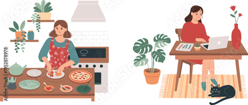 Illustration of everyday home lifestyle featuring cooking in a warm kitchen and remote work at desk, highlighting domestic comfort, productivity, modern living, and cozy interior design.