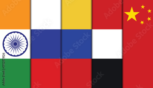 A collage of national flags from India, Russia, Colombia, China, and South Africa.