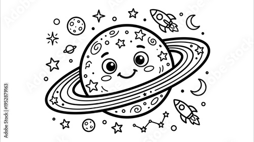 Smiling Cartoon Planet with Rings and Stars.