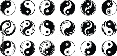 Yin Yang icon set featuring decorative black and white balance symbols for harmony, zen meditation, spiritual wellness, and oriental philosophy.
