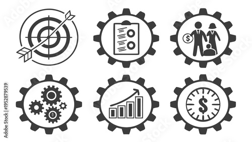 Collection of business and finance icons, including target, gear, chart, people, money, and globe symbols, representing growth and strategy