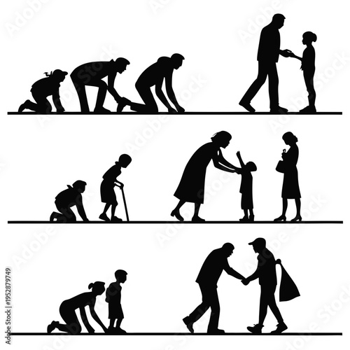 Kindness concept silhouettes featuring individuals helping seniors children and friends in various daily life situations of support and care icons