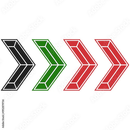 Three dimensional arrow sign set with isometric perspective design in black green and red colors pointing right for direction and progress icons