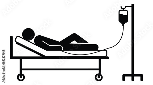 A patient lies in a hospital bed with an IV drip
