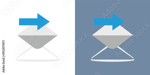 Modern illustrative icon symbolizing the sending and delivery of digital messages or emails, featuring an open envelope with a dynamic blue arrow