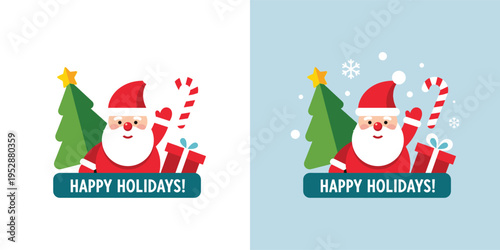 Whimsical Holiday Cheer Design with Merry Santa Claus, Festive Evergreen Tree, and Sweet Candy Cane Spreading Joyful Season's Greetings