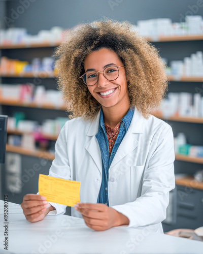 A smiling pharmacist holds a yellow prescription card in a pharmacy, surrounded by shelves stocked with medications.