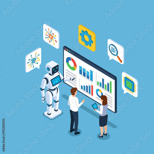 Isometric illustration of a robot assisting two people with data analysis on a large screen, showcasing technology.
