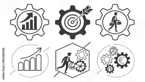 Set of business performance icons featuring gear wheels growth charts target with arrow businessman walking with briefcase and financial analysis