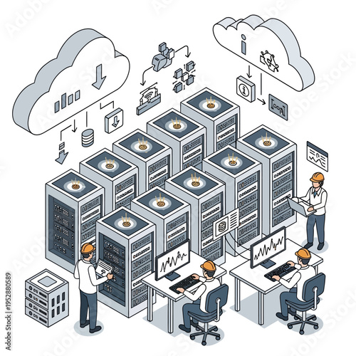 Isometric illustration depicting cloud computing, data centers, and IT professionals managing servers.