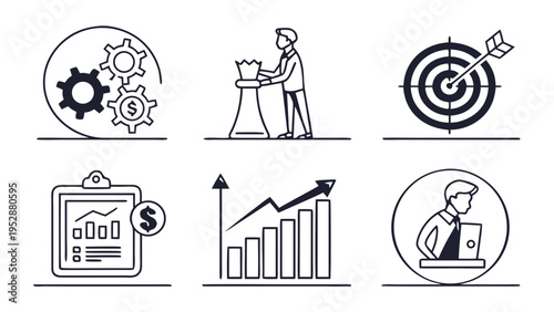 Business strategy and finance icons showing gear money symbols chess piece target with arrow rising growth chart and professional person working