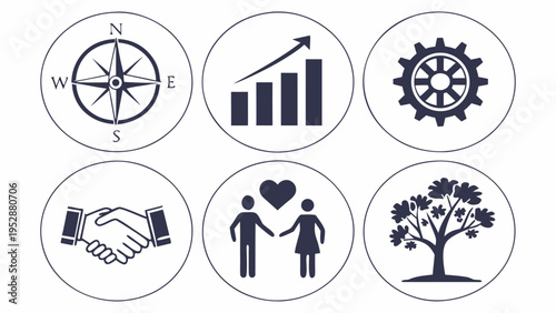 Professional business concept icons featuring compass navigation bar chart growth gear mechanism handshake partnership people love and tree growth