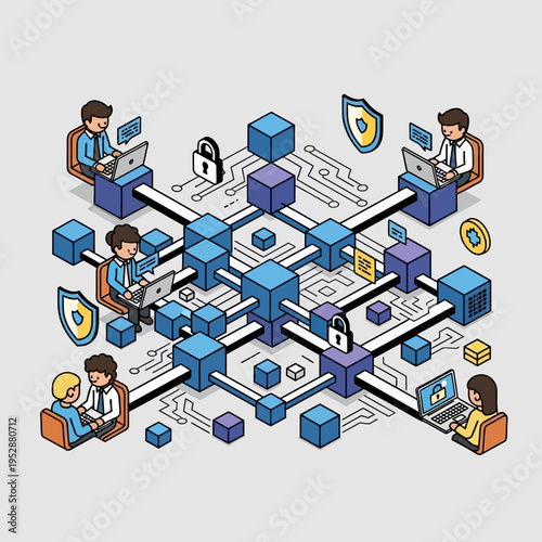 Illustration depicting blockchain technology, with interconnected blocks, users, and security elements.