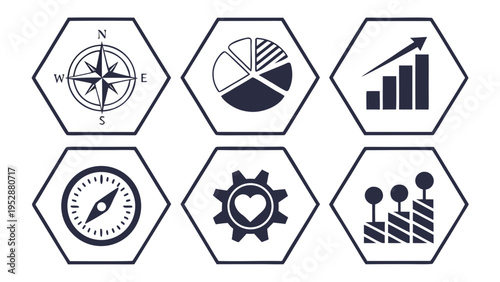 Strategic business hexagon icons set including compass pie chart bar graph navigation gear with heart and growth indicators for corporate planning