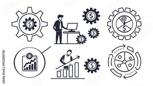 Set of business and finance icons including gears, businessman with computer, bar charts, and circular process diagram