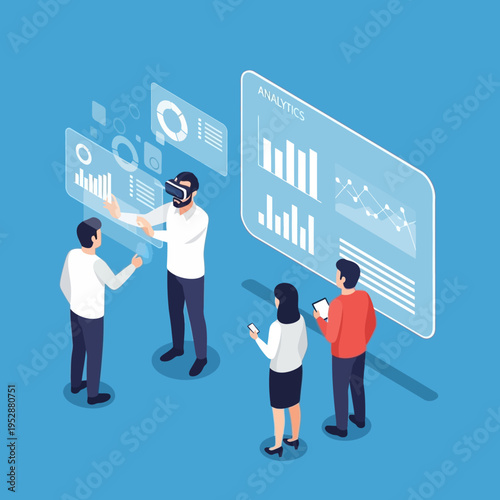 Isometric illustration of people interacting with virtual reality and data analytics.