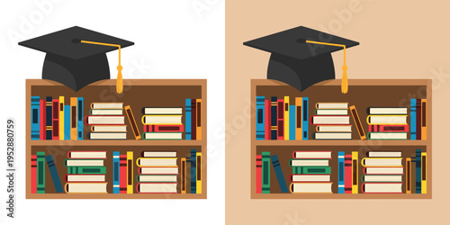 Flat design illustration of a bookshelf full of books and a graduation cap, representing the concept of education, academic success, knowledge, and the journey of learning