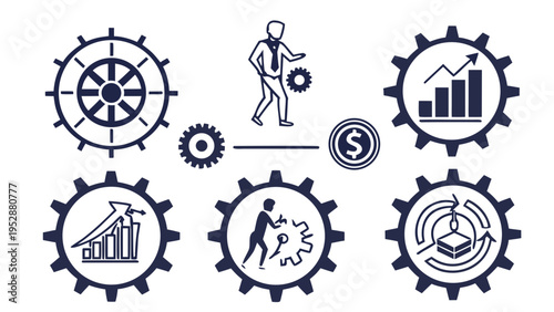 Industrial gear icons showcasing business leadership financial growth and mechanical efficiency for corporate infrastructure development projects