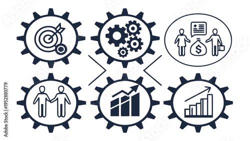 Collection of business cog icons representing target strategy teamwork and financial progress for corporate presentation and management graphics