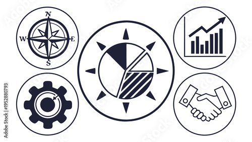 Circular business icon set featuring compass orientation data growth partnership and target strategy elements for corporate navigational planning