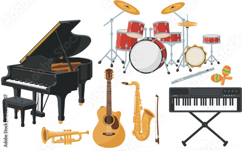 Musical instruments set with piano drums keyboard guitar saxophone and trumpet band equipment vector illustration collection