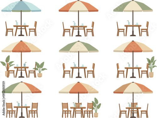 Outdoor cafe tables and umbrellas collection with chairs plants and patio furniture restaurant seating flat vector illustration set