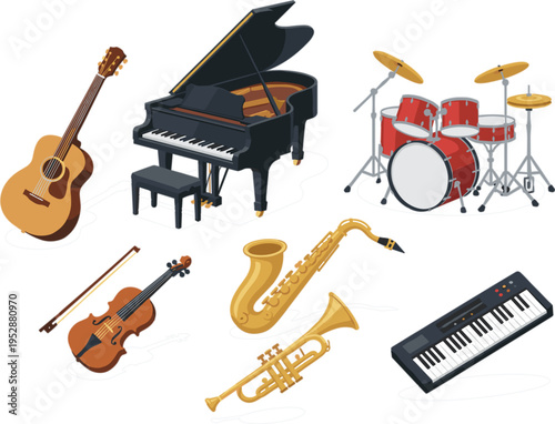 Musical instruments set with grand piano drums guitar saxophone trumpet violin and keyboard band vector illustration