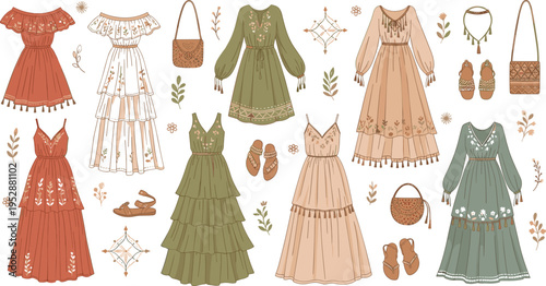 Boho Style Dress Collection with Floral Embroidery, Maxi Dresses and Accessories, Vintage Fashion Illustration