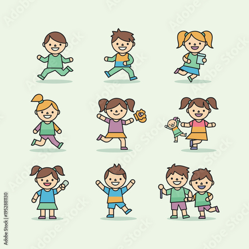 Joyful collection of diverse cartoon children characters actively playing, running, and interacting, showcasing happy childhood moments and youthful energy in a modern graphic style