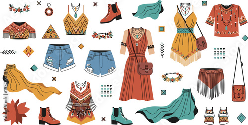 Boho Summer Outfit Collection with Fringe Dresses, Tribal Patterns and Accessories, Ethnic Fashion Illustration Set