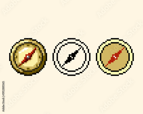Golden Compass Pixel Art Navigation and Adventure Map Icon. Perfect for exploration driven adventure games, pirate themed RPGs, or as a tracking icon for travel and discovery interfaces