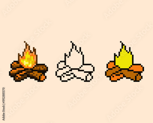 Pixel Art Campfire and Burning Log Icons. Classic campfire designs with flickering flames and stacked logs  perfect for RPG save points