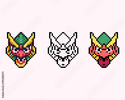 Mythical Japanese Demon Mask Pixel Art Dragon Warrior Icon. Perfect for character customization in RPGs, boss fight loot, or as a collectible artifact in fantasy themed platformers