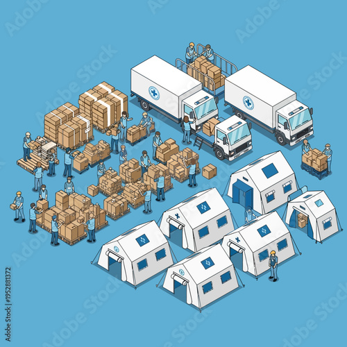 Isometric illustration of humanitarian aid operation, including tents, trucks, and supplies distribution.