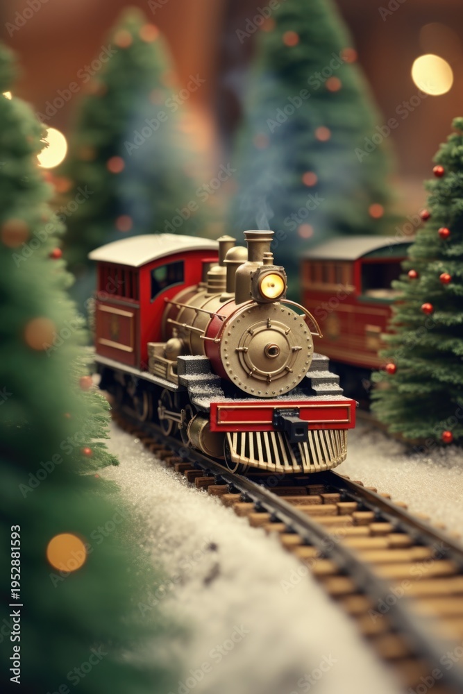Fototapeta premium A toy train is seen on a track with Christmas trees in the background. This image can be used to depict the holiday season and the joy of Christmas festivities.