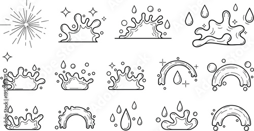 Cute Liquid Splash Line Icon Set with Water Drops, Rainbow Shapes and Cartoon Fluid Elements for Decorative Design and Animation Graphics