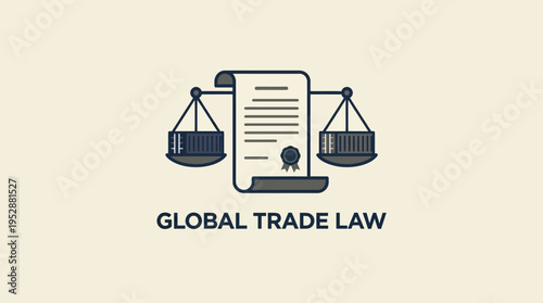 Illustration of global trade law with scales of justice balancing shipping containers and a document.
