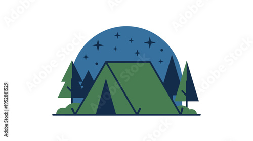 A green tent is set up in a forest at night under a starry sky.