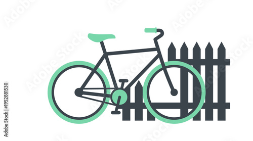 A stylized illustration of a bicycle leaning against a dark picket fence.