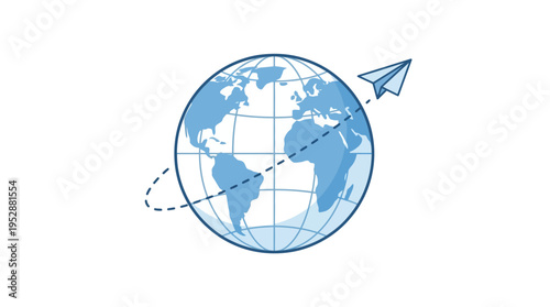 A stylized illustration of a blue paper airplane circling the Earth with a dashed line.