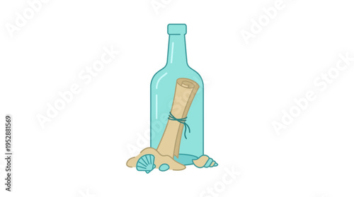 A rolled-up message tied with string sits inside a clear glass bottle on a sandy beach with seashells.