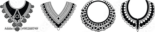 Black and white illustration of ornate lace collar designs with intricate patterns, showcasing fashion accessory art, textile ornamentation, vintage clothing style, and decorative design concept.