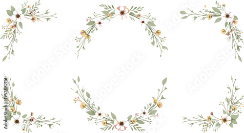 Elegant Floral Wreath and Corner Frame Set with Delicate Wildflowers and Botanical Greenery for Wedding Design