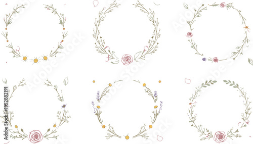 Elegant Floral Wreath Collection with Delicate Wildflowers, Roses and Botanical Greenery for Wedding Design