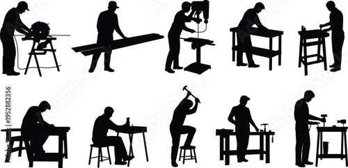 Carpenter and woodworker silhouettes using saw, drill and hammer at workbench, woodworking tools and manual labor activity vector illustration isolated on white background