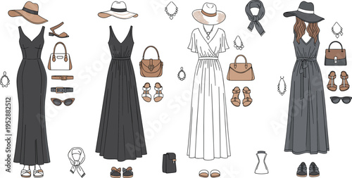 Elegant Summer Maxi Dress Outfit Set with Accessories, Minimal Fashion Collection Illustration