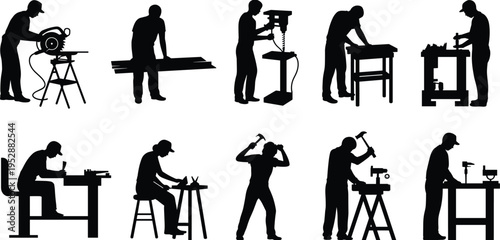 Carpenter and woodworker silhouettes operating saw, drill press and hand tools at workbench, woodworking and manual labor process vector illustration isolated on white background