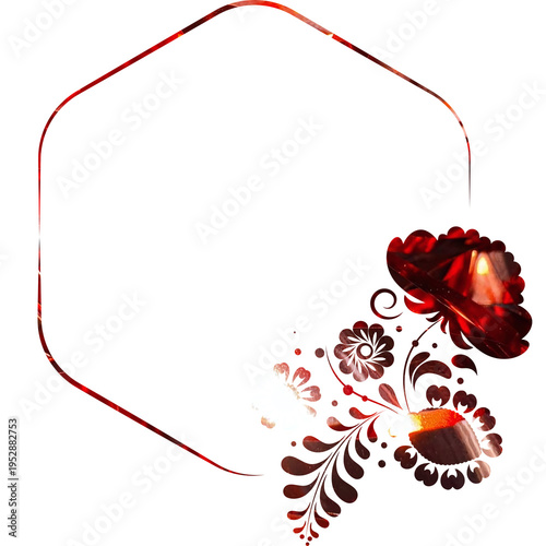 Red floral design frame with hexagonal shape on transparent background