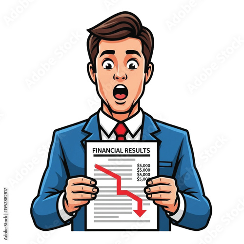 Shocked businessman in suit holding financial results showing a steep downward trend and loss, symbolizing economic crisis and business failure