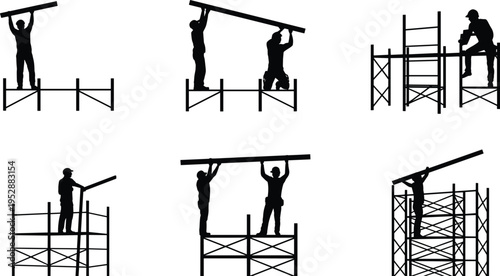 Construction worker silhouettes assembling scaffolding and lifting beams, builders working at height in teamwork, people at work icons set, black vector illustration isolated on white background